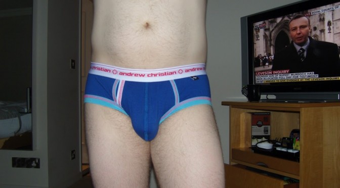 Day 114 – Blue Andrew Christian One of a Kind Punked Briefs