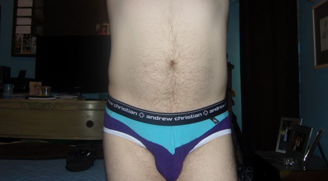 Day 206 – Andrew Christian Purple and Blue One of a Kind Briefs