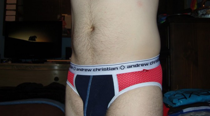 Day 468 – Red Mesh/Blue Pouch Andrew Christian Almost Naked Briefs
