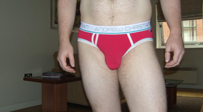 Day 593 – Red Andrew Christian Almost Naked Tighty Whitey Punked Briefs
