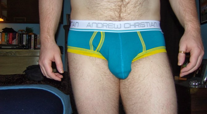 Day 680 – Teal Andrew Christian Tighty Whitey Punked Briefs
