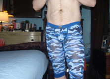 Day 1126 – Gold Lame Thong and Camo 3/4 length Long Johns
