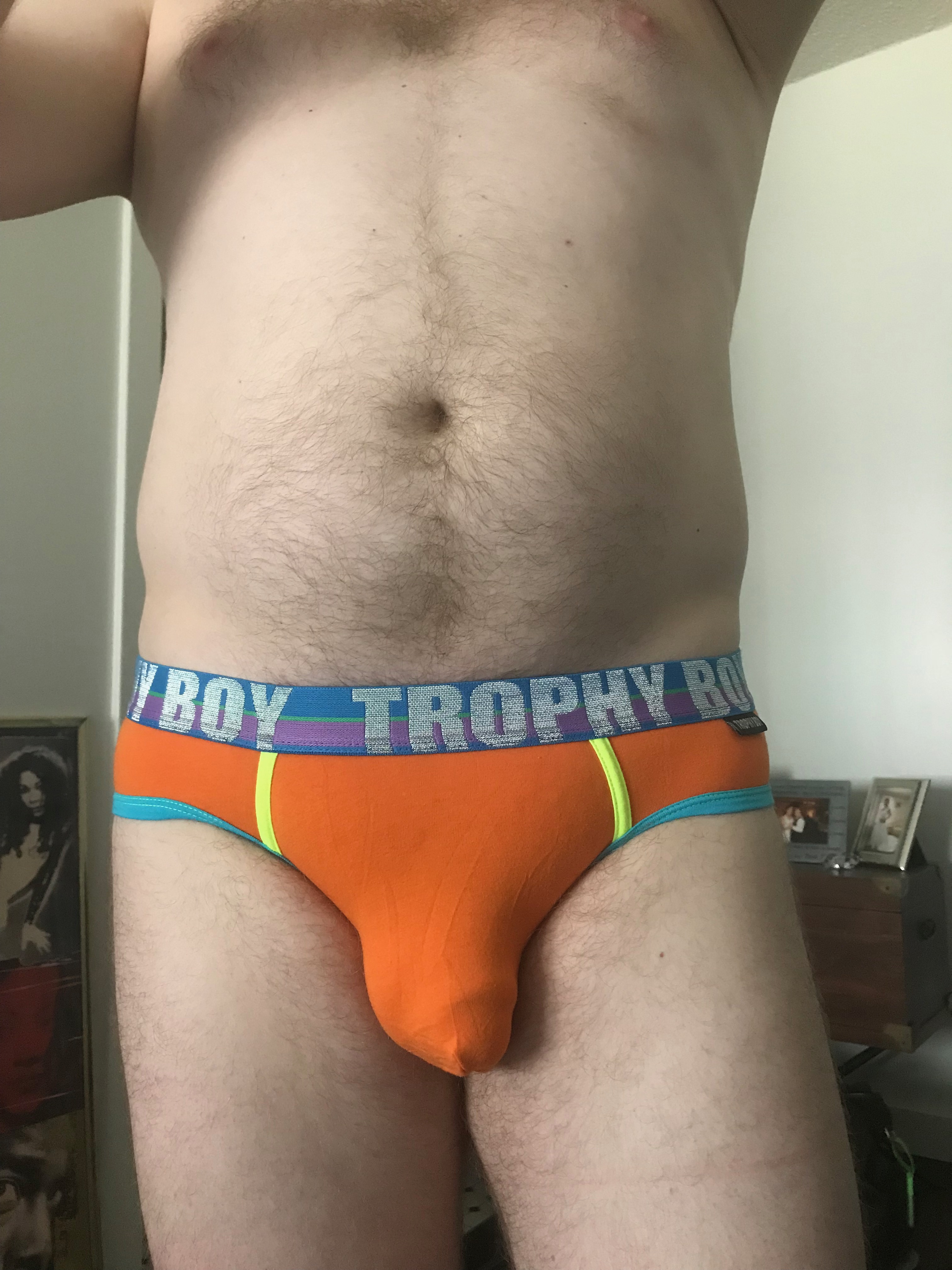 Trophy Boy briefs in bright orange for a sunshine day…